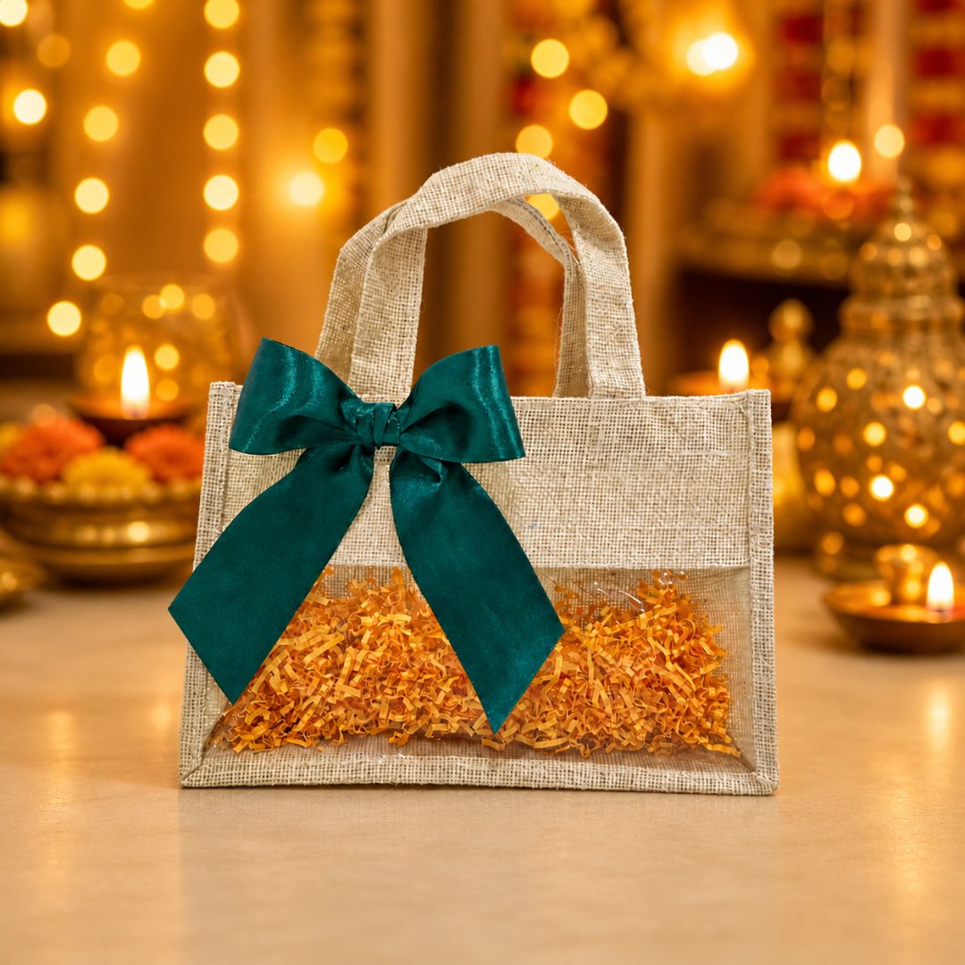 (Set of 5)Premium Jute Gift Bags with Transparent Window & Satin Bow – (12 x 12 Inch)