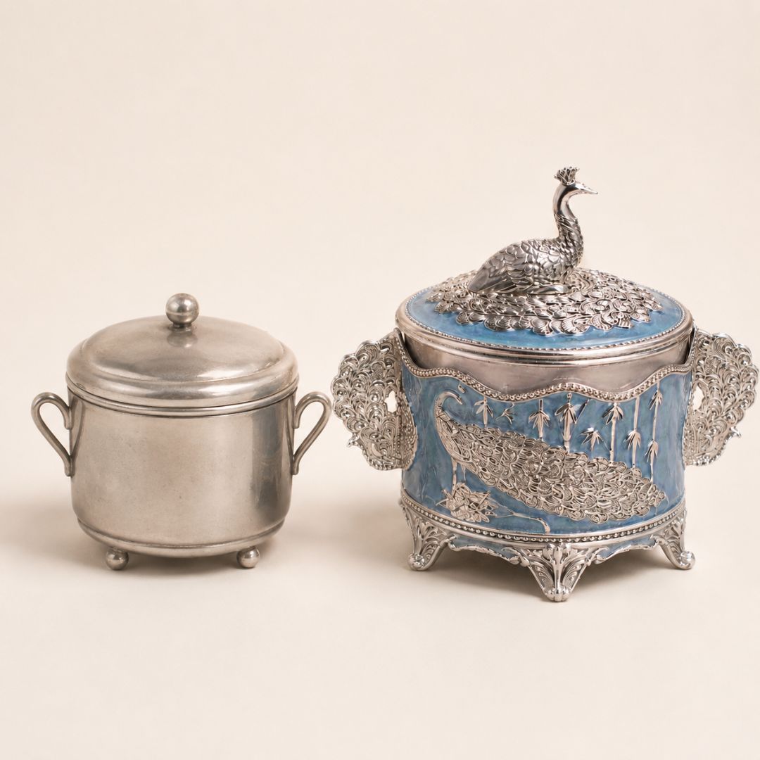 German Silver Peacock Round Jar with Lid – 6 Inch Luxury Sweet & Dry Fruit Box - Adscraft.in