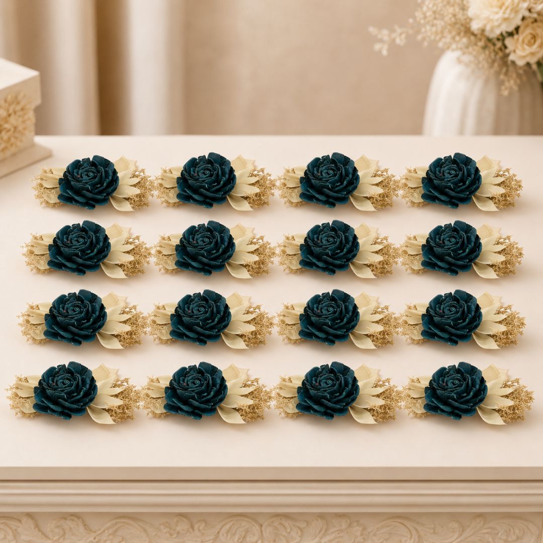 Set of 5 Teal Rose Decorative Accessories with Golden Leaves for Hamper & Trousseau Packing