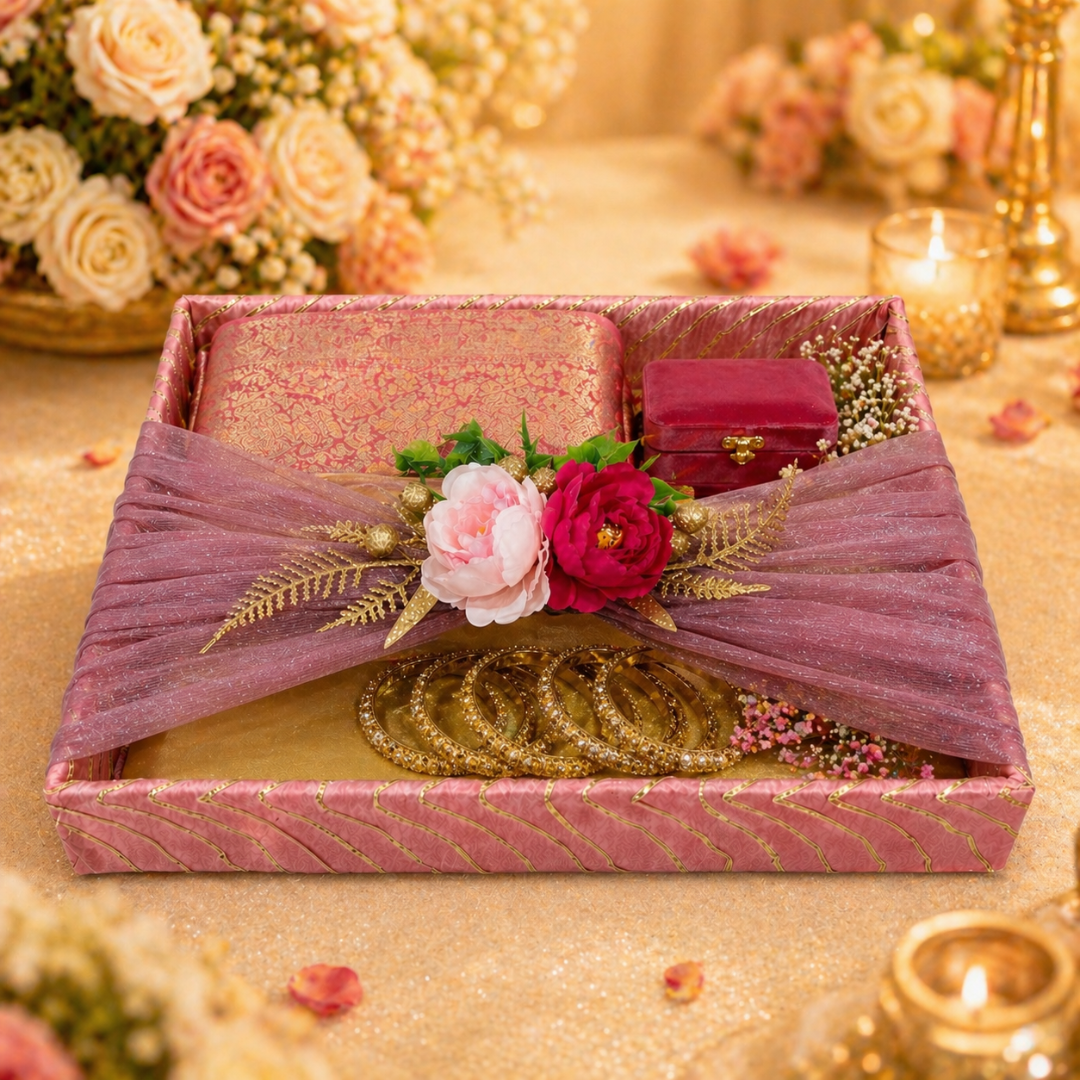 (Set of 2)Premium Pink & Gold Floral Net Gift Tray Set – Decorative Wedding Trousseau Trays - Adscraft.in