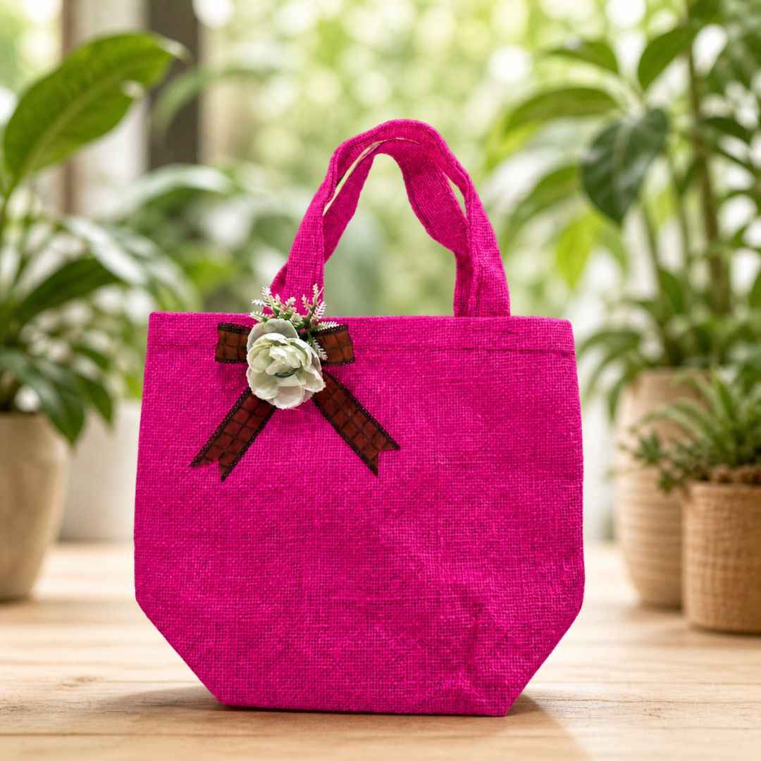 (Set of 5)Premium Pink Jute Gift Bags  with Floral Bow – 11 x 15 Inches