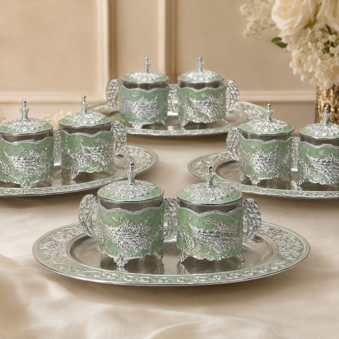 German Silver Green Peacock Container Set with Tray