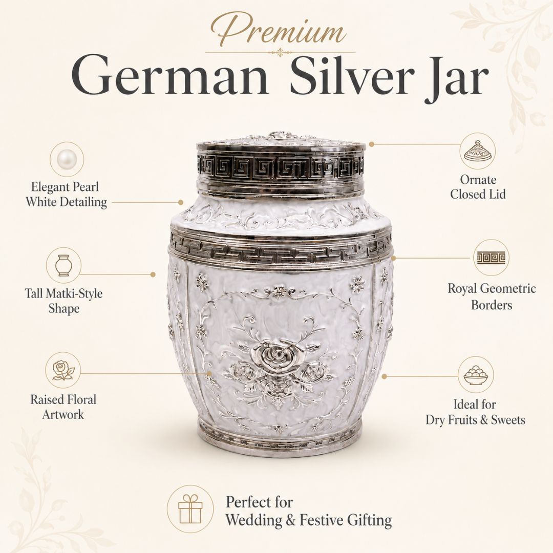 White Floral Silver Decorative Storage Jar (7 x 5 Inch) – Luxury Sweet & Dry Fruit Container