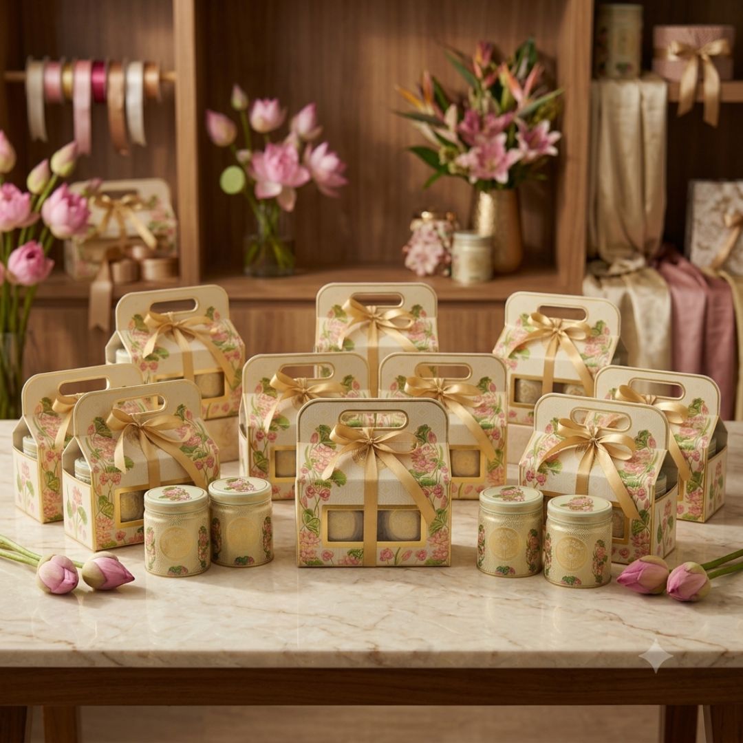 Pack of 6 Cream Lotus Printed 2 Jar Tin Gift Box with Handle - Adscraft.in