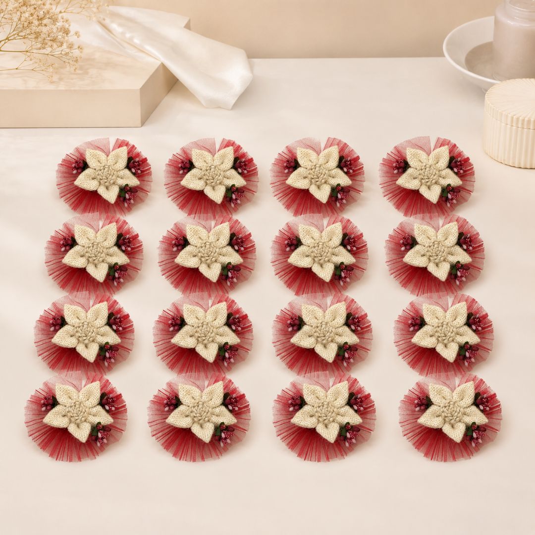 Set of 5 Jute Flower Decorative Accessories with Red Net for Hamper & Trousseau Packing