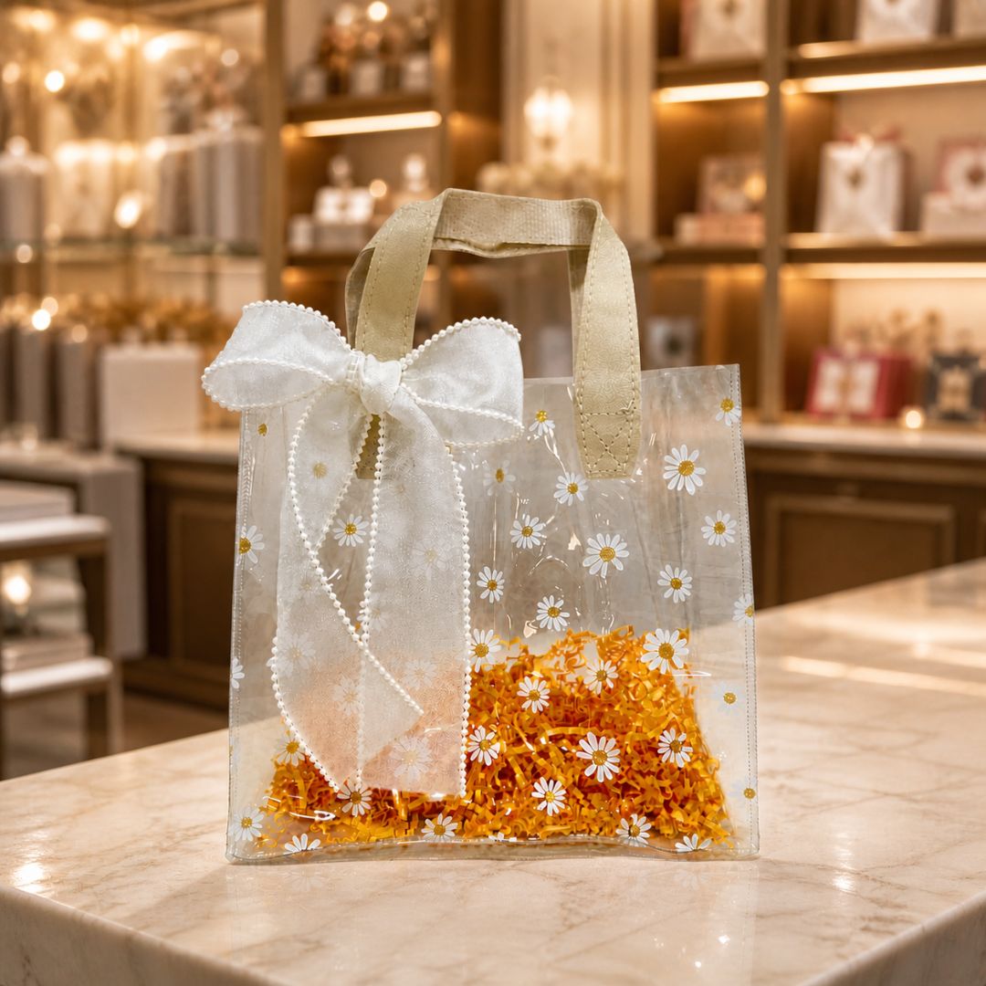 (Set of 5)Premium Transparent Floral Gift Bag with Bow Handle – 10 Inch x 14 Inch Sizes