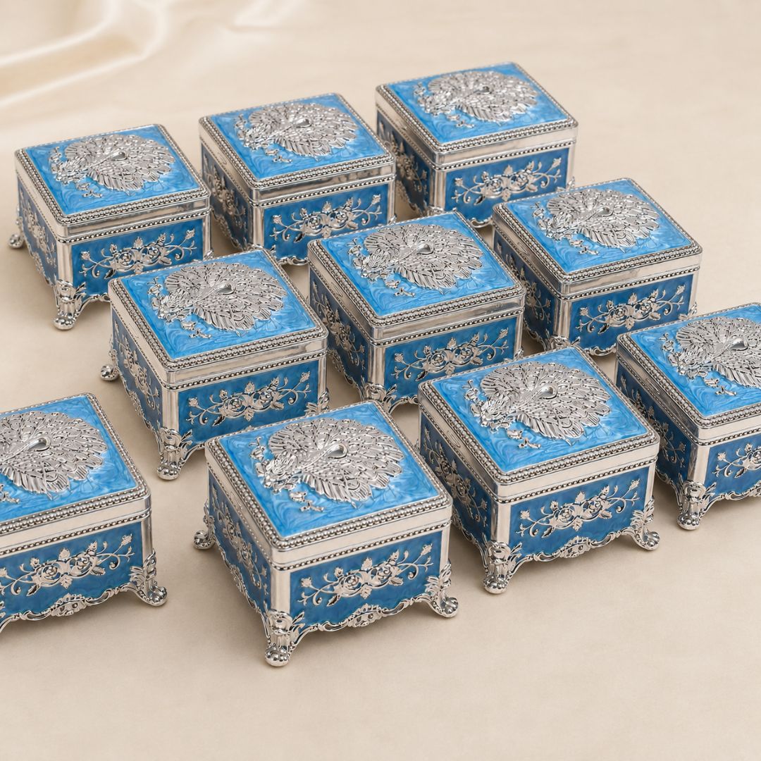 Premium Peacock Design German Silver Jewelry Box – Sky Blue (3 x 3 Inch)