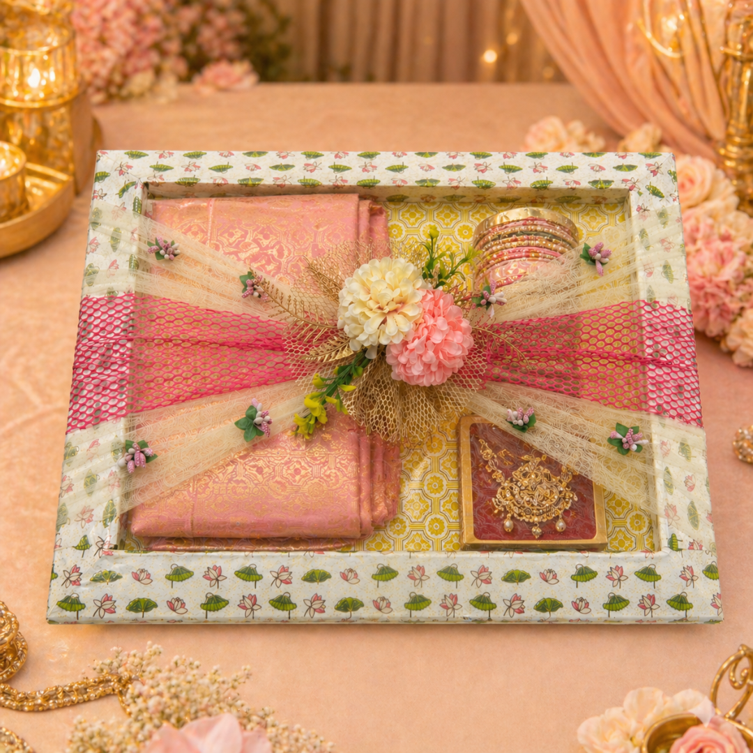 (Set of 3)Premium Floral Net Decorative Tray (18 x 14 Inch) – Yellow & Pink Wedding Hamper Tray