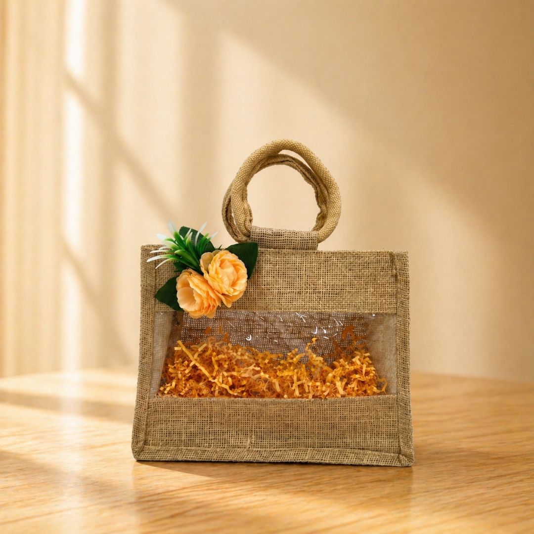 (Set of 5)Premium Jute Gift Basket with Transparent Window & Floral Accent – 11 x 13 Inch