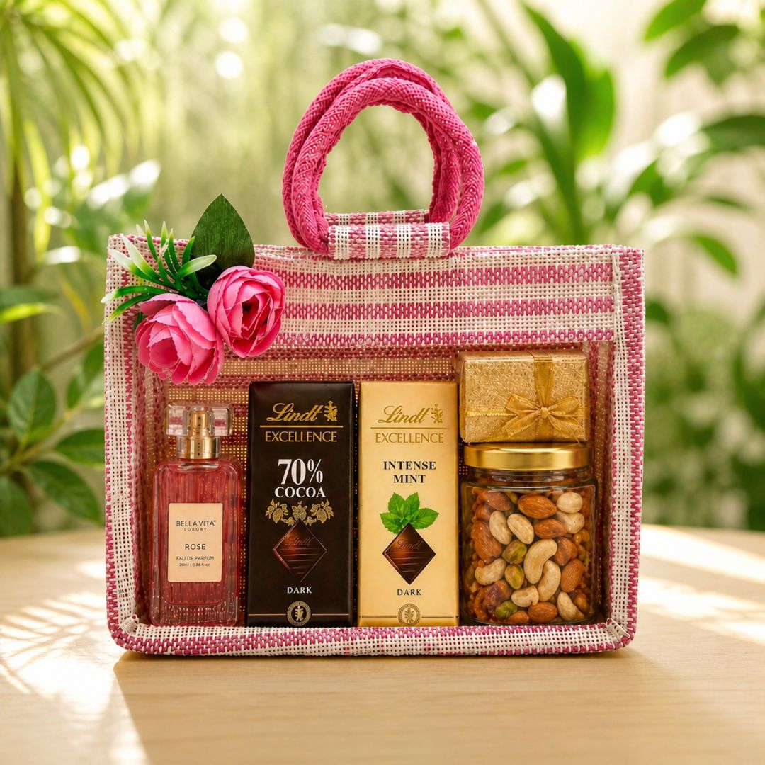 (Set of 5) Premium Pink Jute Gift Bags with Floral Decoration & Handle (11 x 12 Inch) – Wedding Return Gift & Hamper Packaging