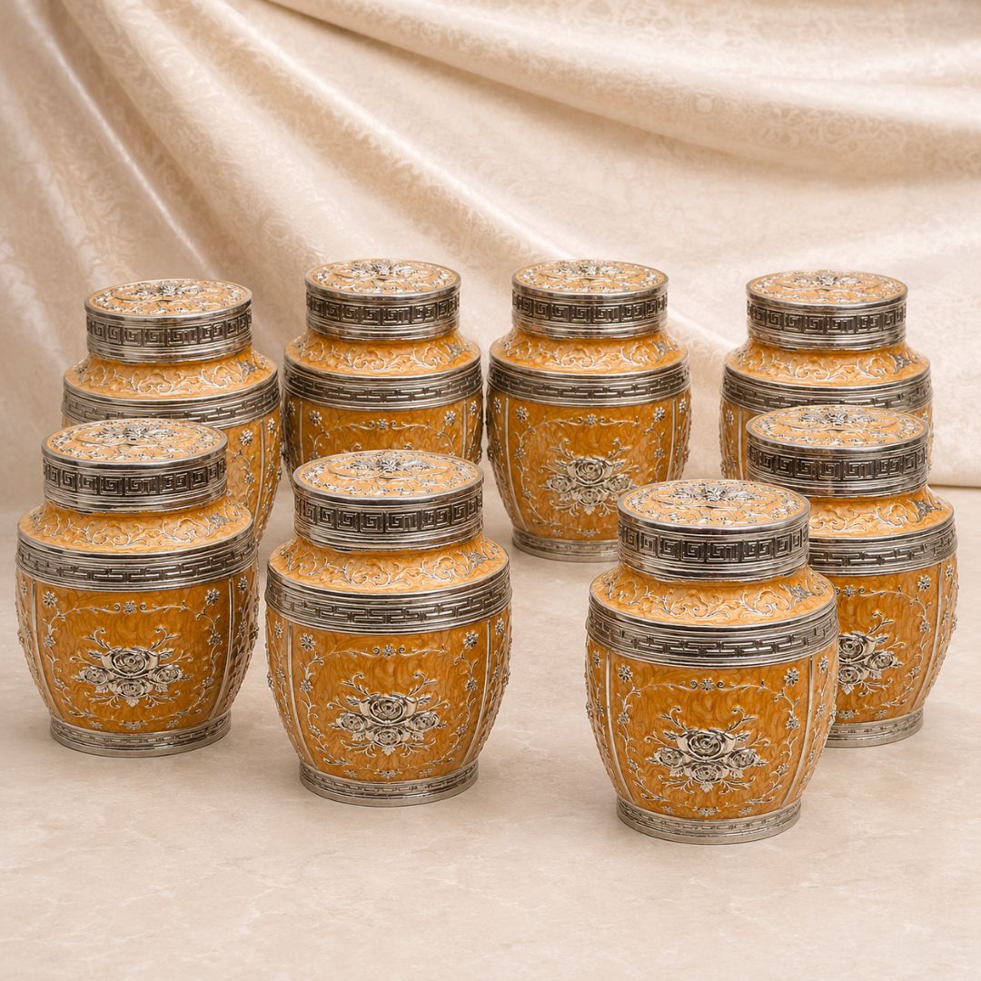 Luxury Orange Floral Silver Finish Storage Jar with Lid (7 x 5 Inch)