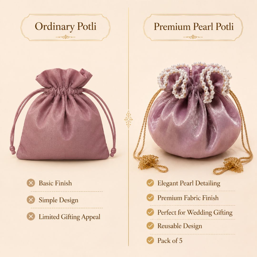 Pack of 5 -Purple Pearl Loop Drawstring Potli Bag