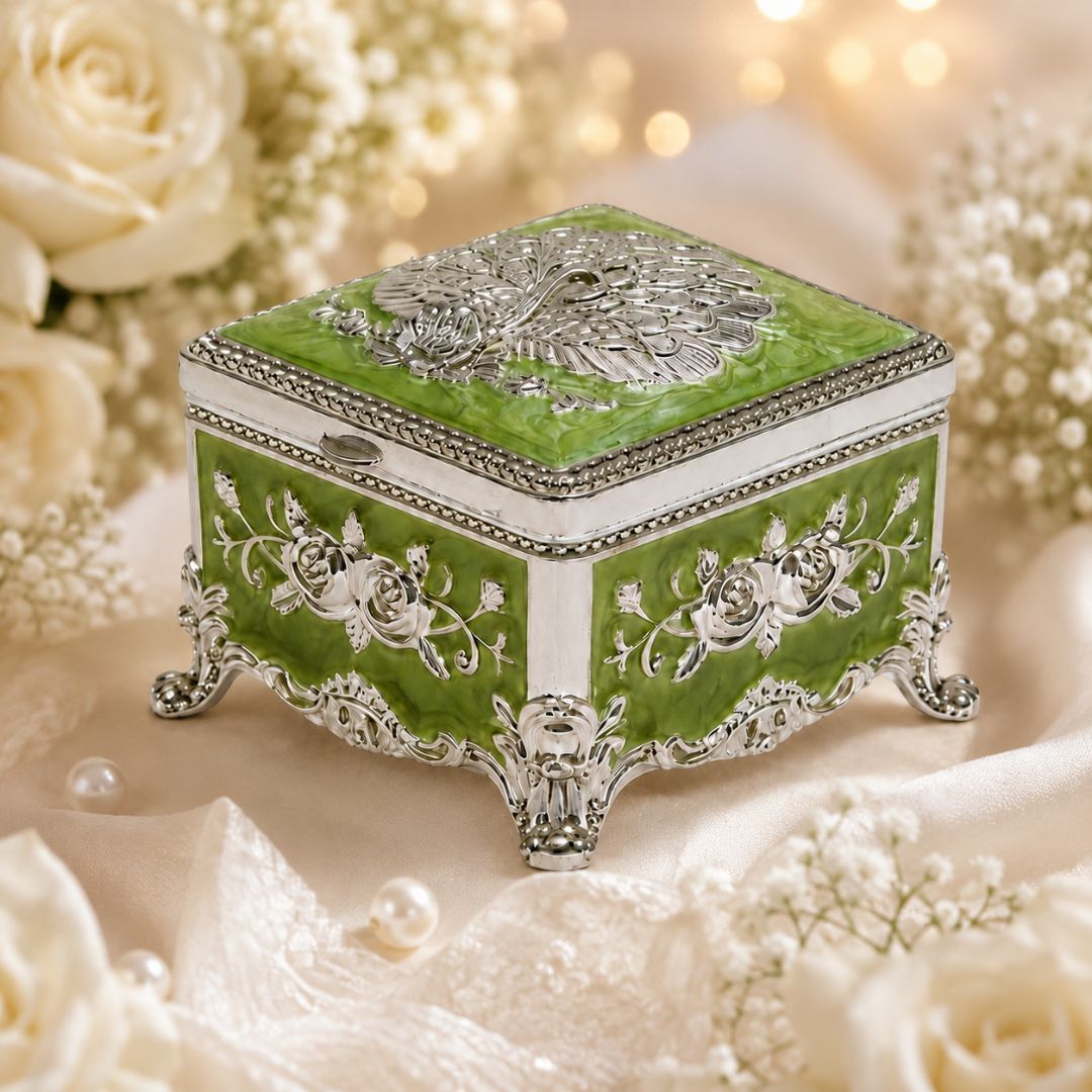 Royal Green Floral Metal Jewellery Box with Velvet Lining (3 x 3 x 2 Inch)