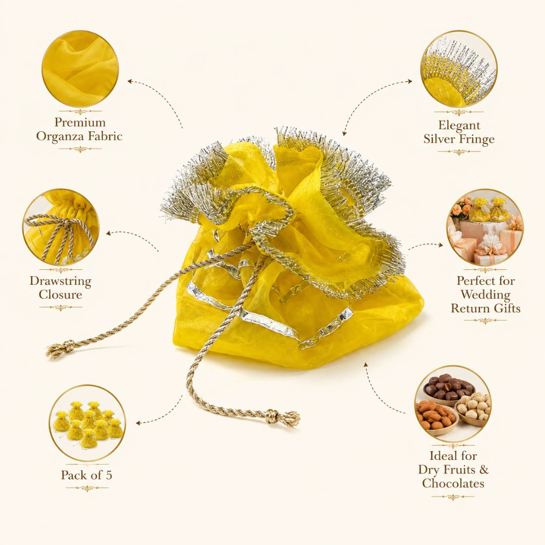 Pack of 5–  Bright Yellow Silver Lace Drawstring Potli Bag