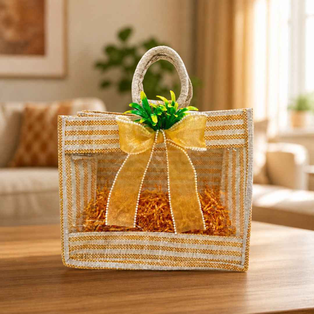 (Set of 5)Premium Jute Transparent Gift Bag with Golden Bow & Handle (12 x 14 Inch)