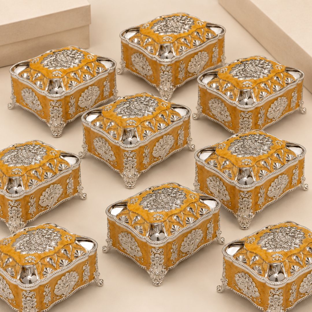 Mustard Enamel German Silver Decorative Jewellery & Keepsake Box (4 x 3 x 3 Inch)