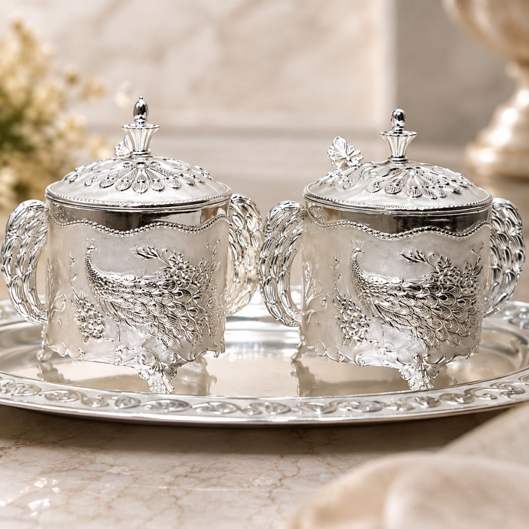German Silver White Peacock Serving Set with Spoons