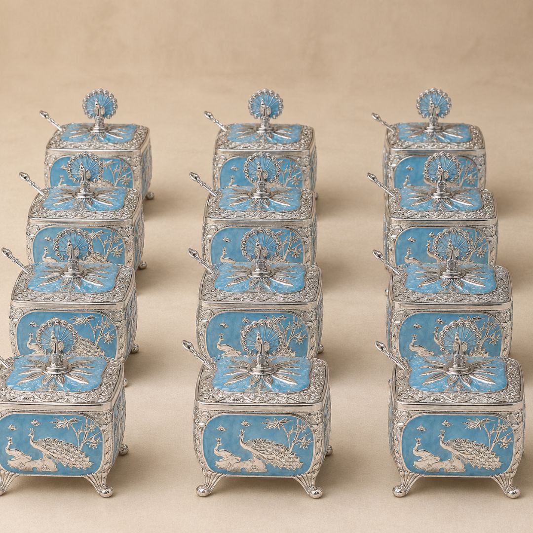 Royal Peacock German Silver Dry Fruit Box – Handcrafted Premium Gift (4 x 4 Inch)