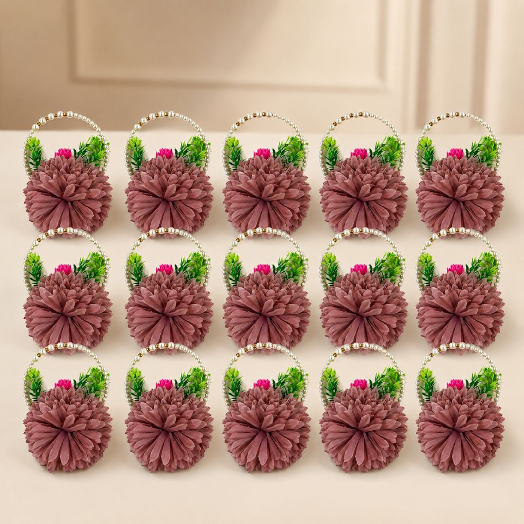 Set of 5 Mauve Pearl Handle Floral Decorative Accessories for Hamper & Trousseau Packing