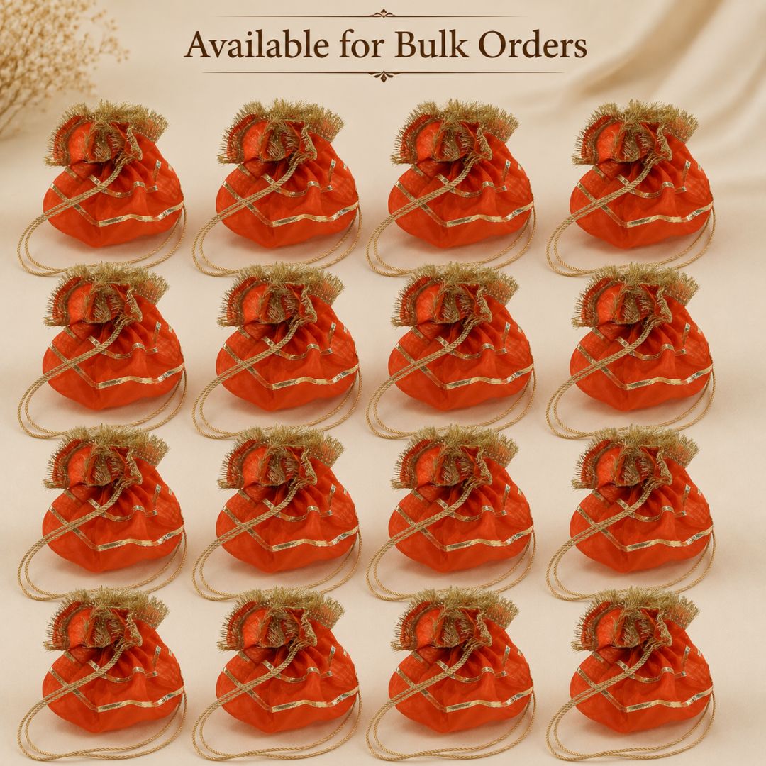 Pack of 5-Orange Gold Lace Drawstring Potli Bag
