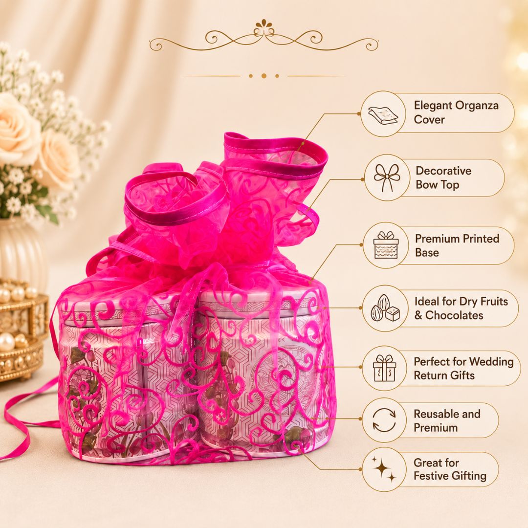 Pink Designer Organza Potli Basket – Set of 5