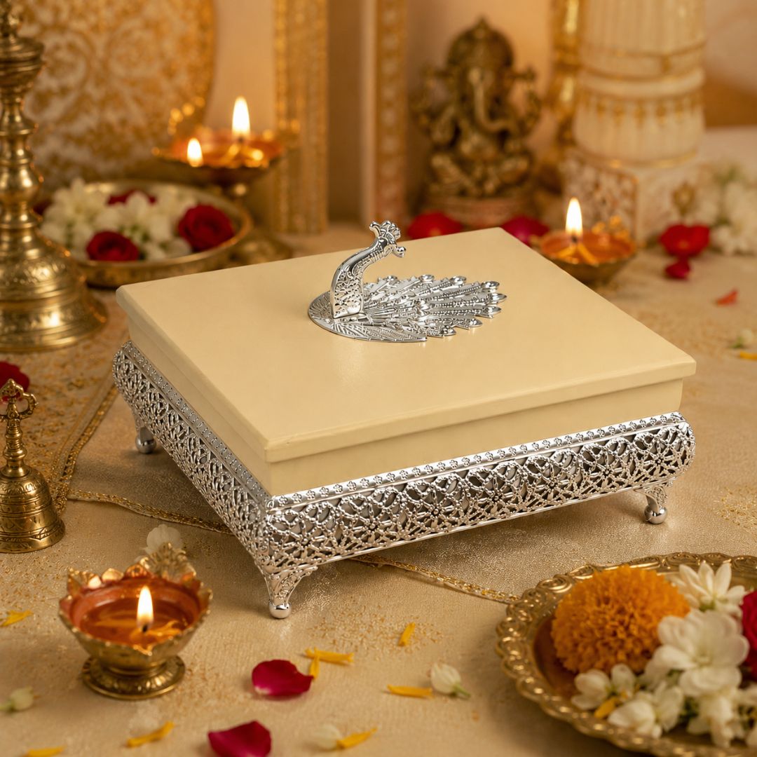 Premium German Silver Peacock Design Gift Box for Festive & Wedding Gifting - Adscraft.in