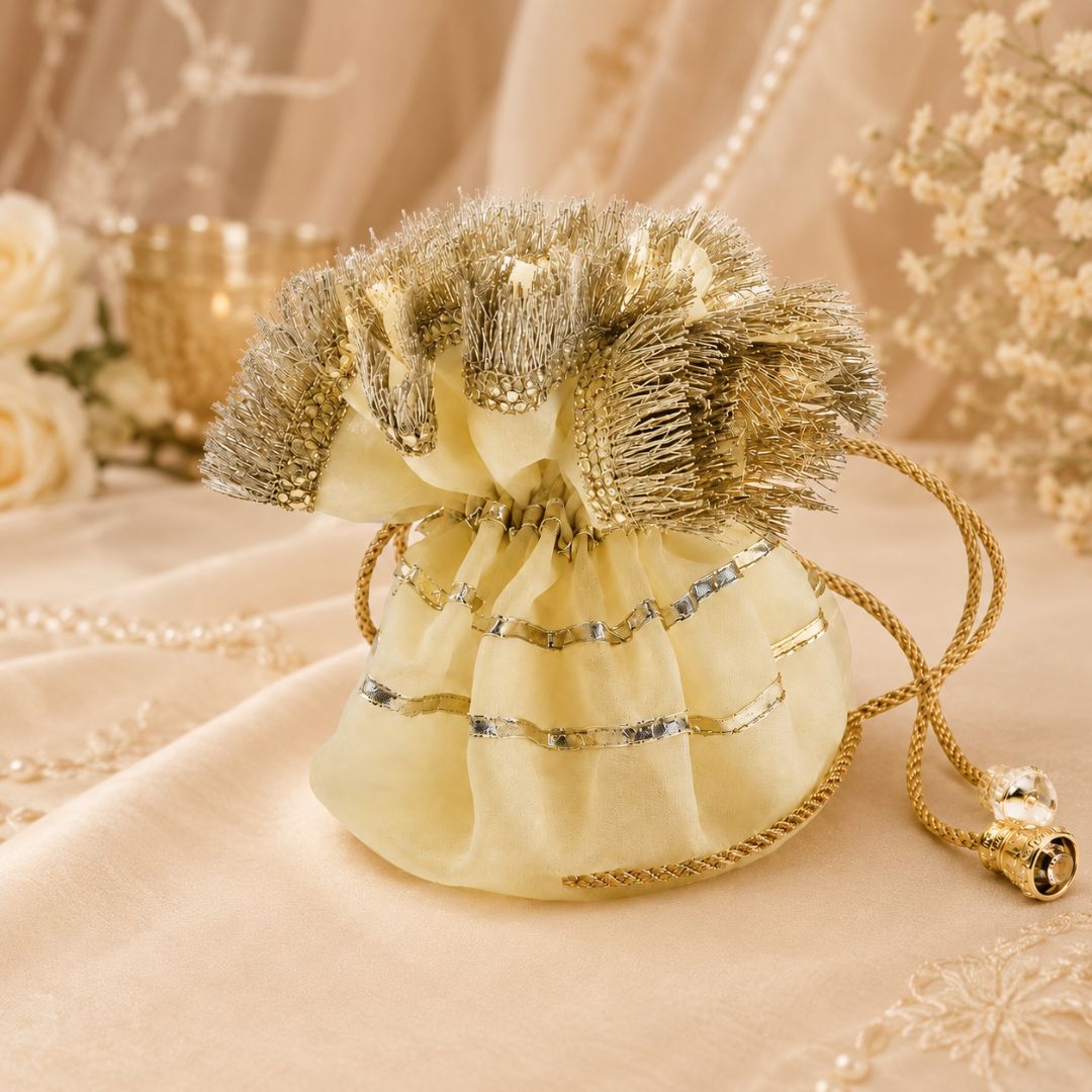 Pack of 5 -Cream Gold Lace Drawstring Potli Bag