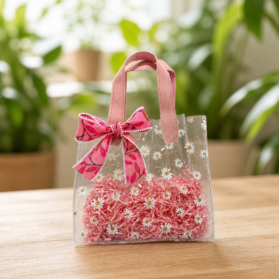 (Set of 5)Premium Transparent Floral Gift Bag with Bow Handle – (10 x 14 Inch)