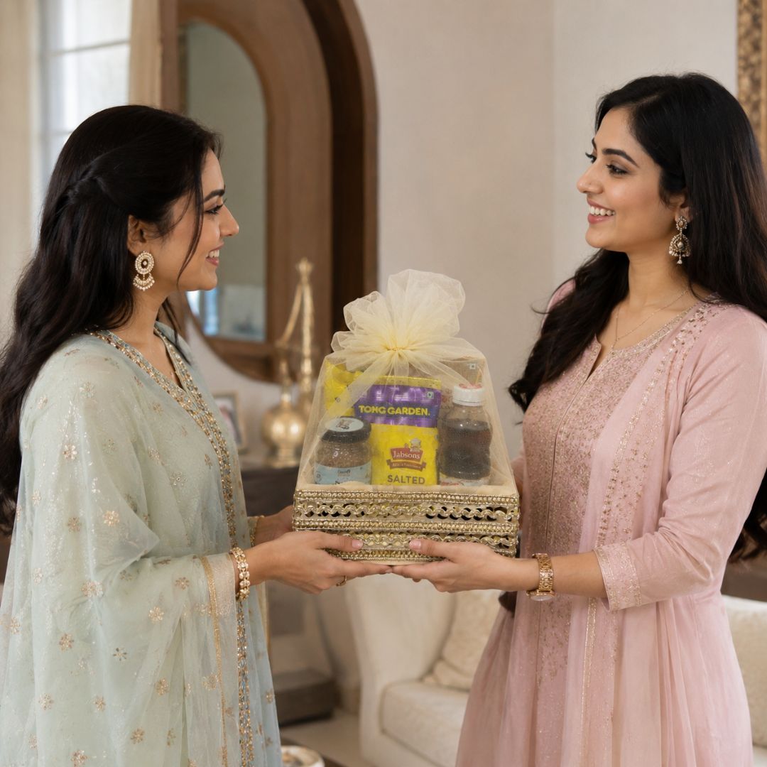 Cream potli basket styled for Roka and engagement gifting with traditional decor
