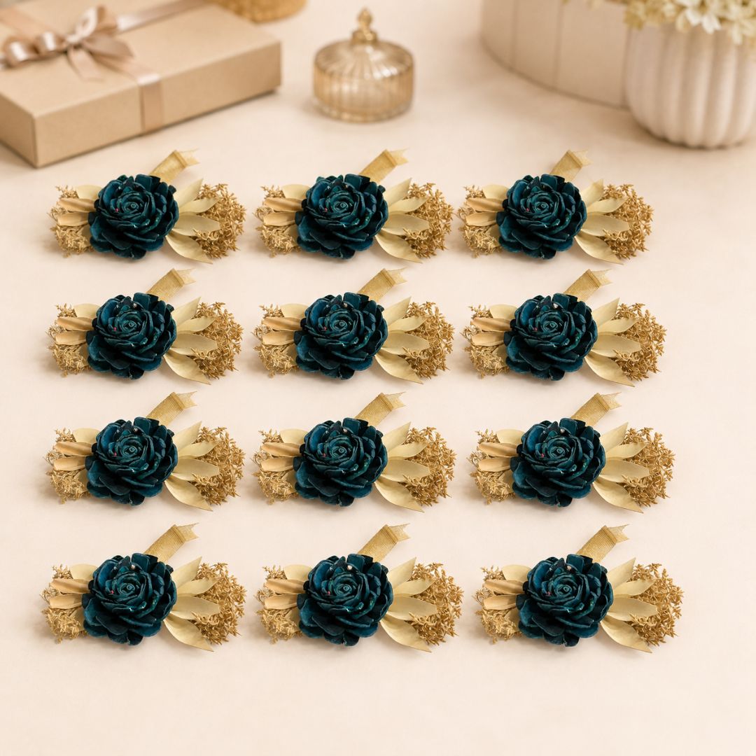 Set of 5 Teal Rose Decorative Accessories with Golden Leaves for Hamper & Trousseau Packing
