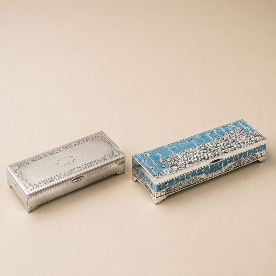 Premium German Silver Peacock Dry Fruit Box with Blue Enamel Finish (9 x 3.5 x 2 Inch)