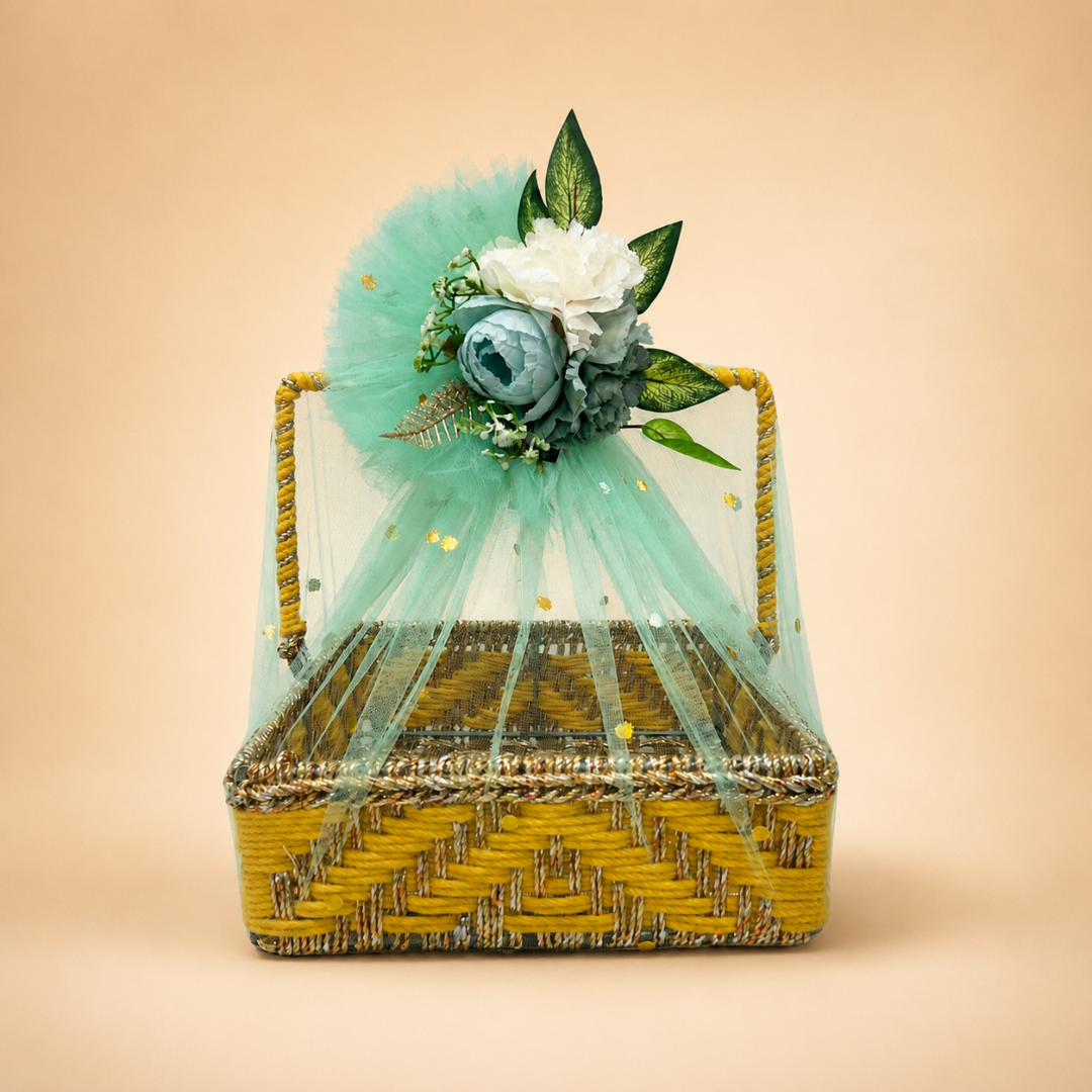 (Set of 3 )Premium Yellow Handwoven Trousseau Basket Set with Mint Net Decor –