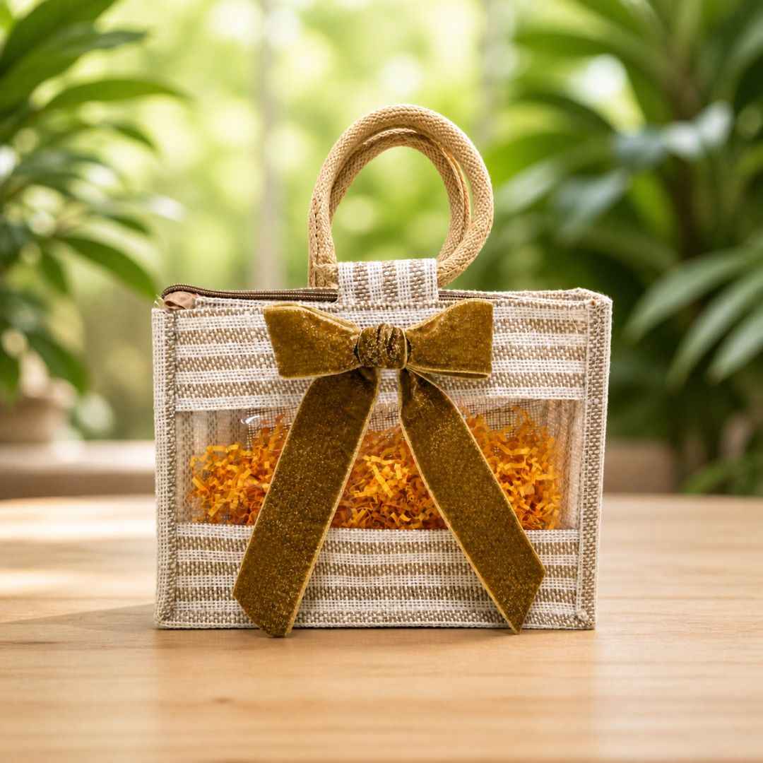 (Set of 5)Premium Jute Gift Bags with Transparent Window & Golden Bow – 12 x 15 Inches