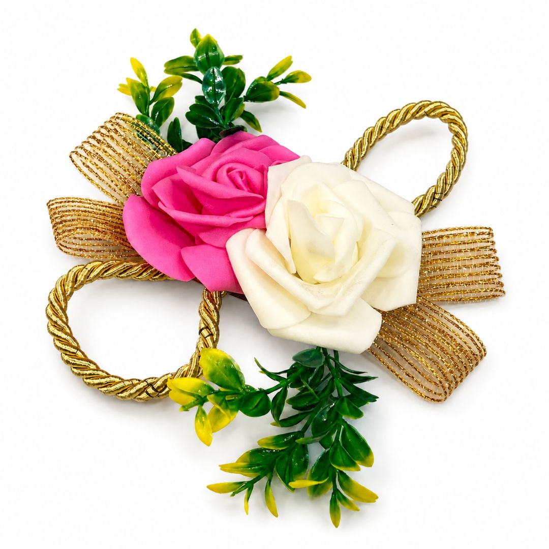 Pack of 5 Pink & White Rose Golden Ribbon Decorative Accessories
