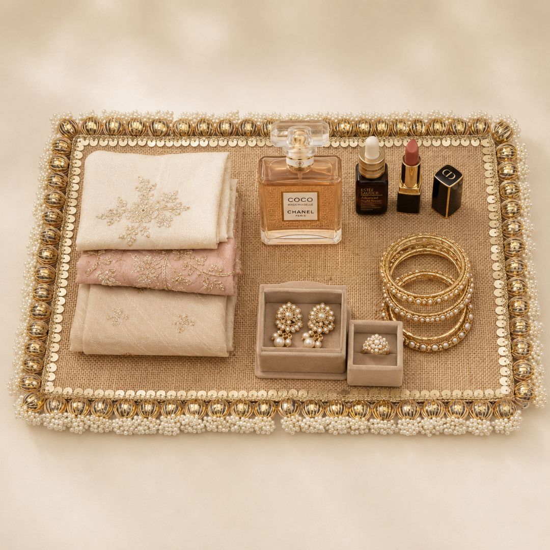 Natural Jute Gold Pearl Border Wedding Trousseau Tray
