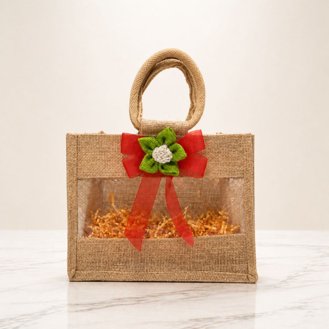 (Set of 5)Premium Jute Window Gift Basket with Handle & Floral Ribbon – 10 x 8 Inches