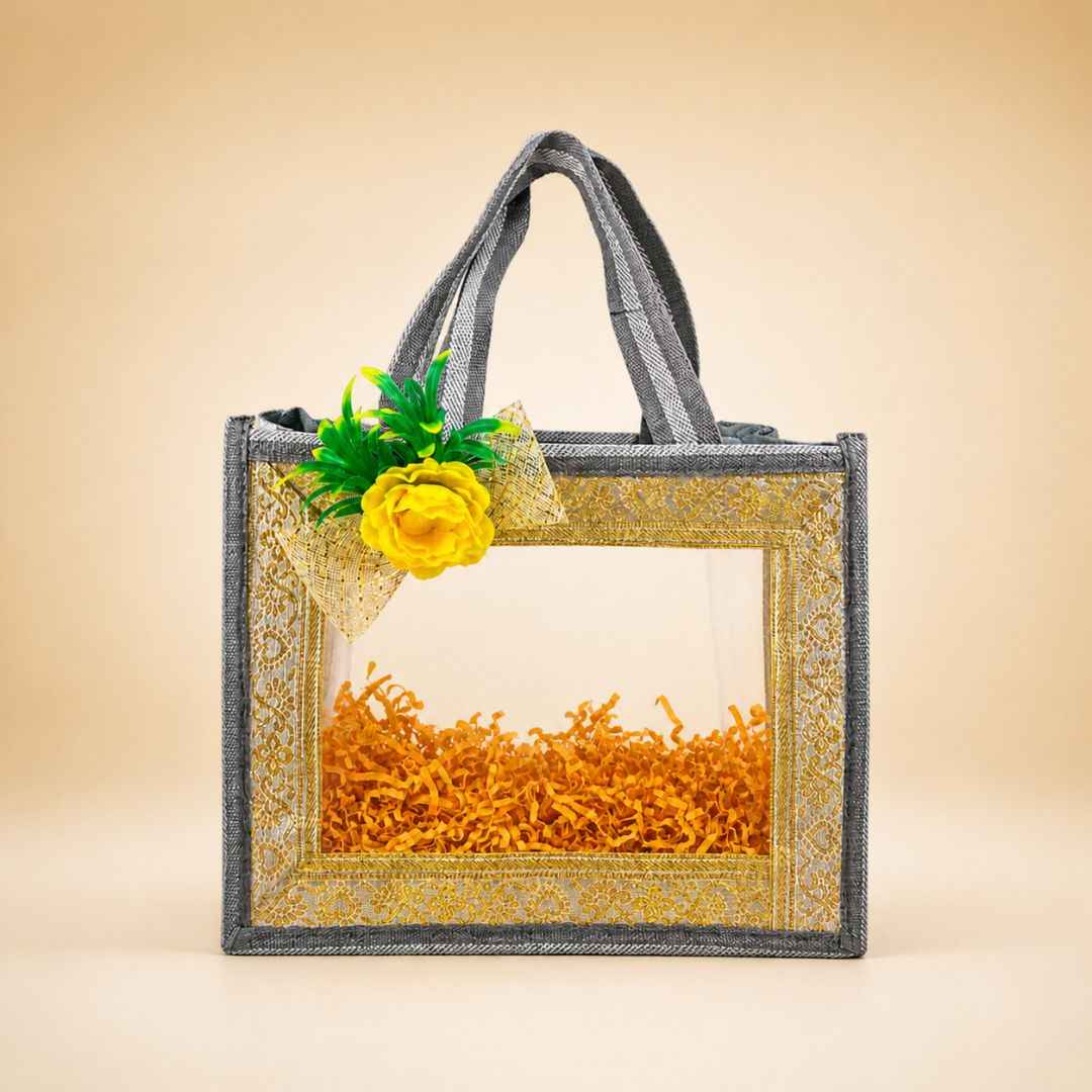 (Set of 5)Premium Grey Transparent Jute Gift Bag with Golden Lace Frame & Floral Decoration (10 x 14 Inches)