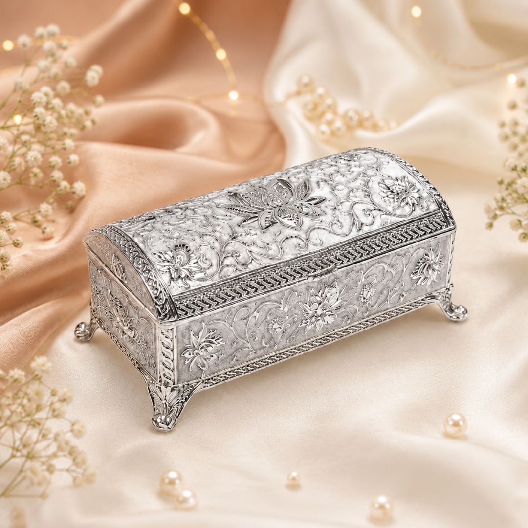 Royal German Silver Embossed Storage Box with Velvet Lining – Luxury Gifting & Décor Piece
