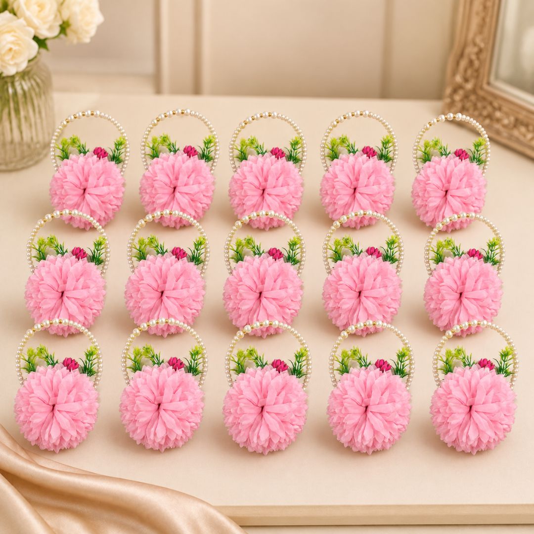 Set of 5 Pink Pearl Handle Floral Decorative Accessories for Hamper & Trousseau Packing