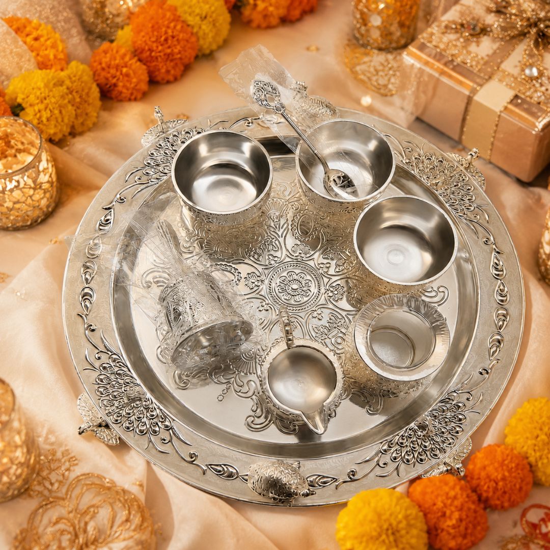 Premium German Silver Serving Set with Embossed Round Tray for Festive Gifting & Pooja Use - Adscraft.in