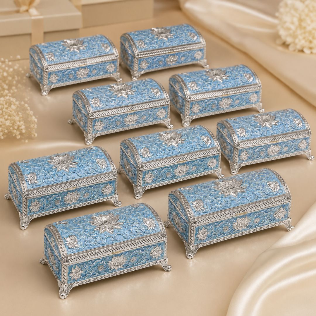 Luxury German Silver Floral Storage Box – Blue Enamel Finish (7.5 x 3.5 Inch)
