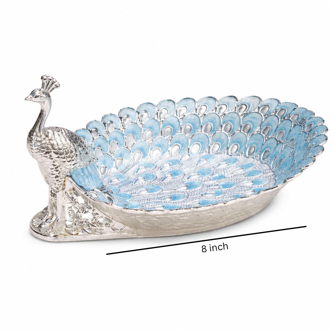 Peacock Design German Silver Dry Fruit Tray – Blue Enamel (8 Inch) - Adscraft.in