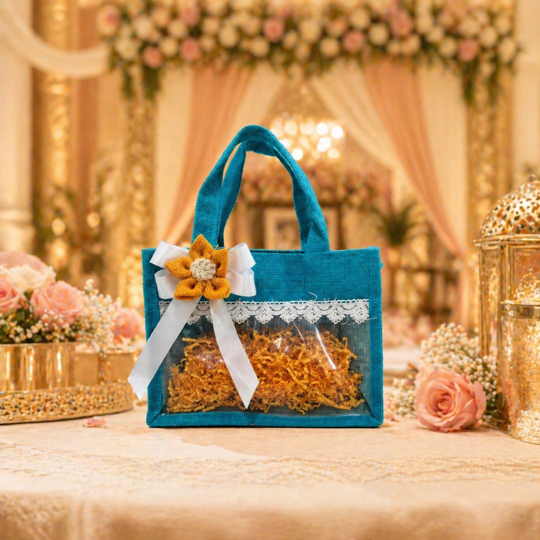 (Set of 5)Premium Teal Jute Gift Basket with Transparent Window & Lace Decor| 8 x 10 Inch Sizes)