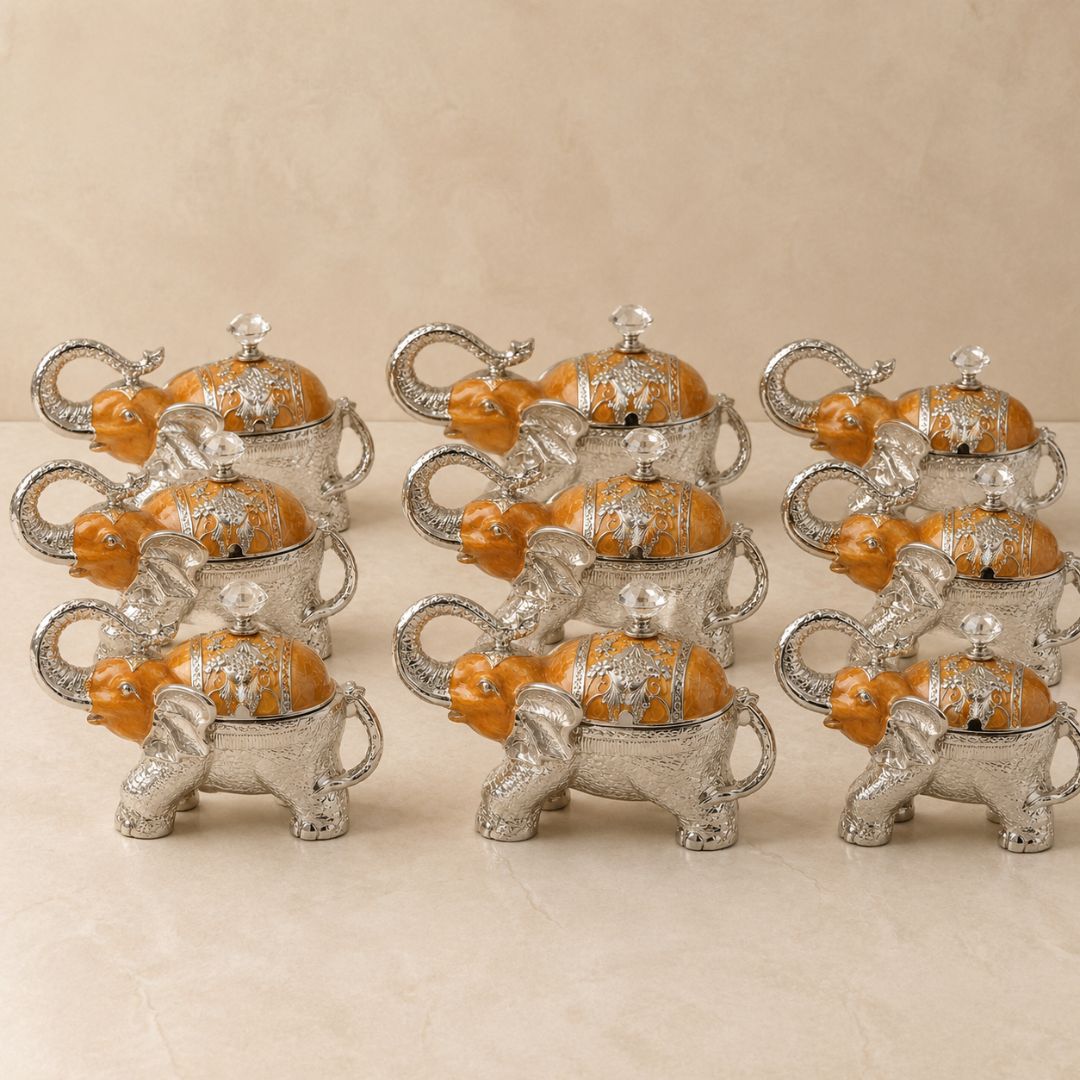 Luxury Elephant Shape Dry Fruit Container with Lid – Silver & Orange Finish (8 Inch)