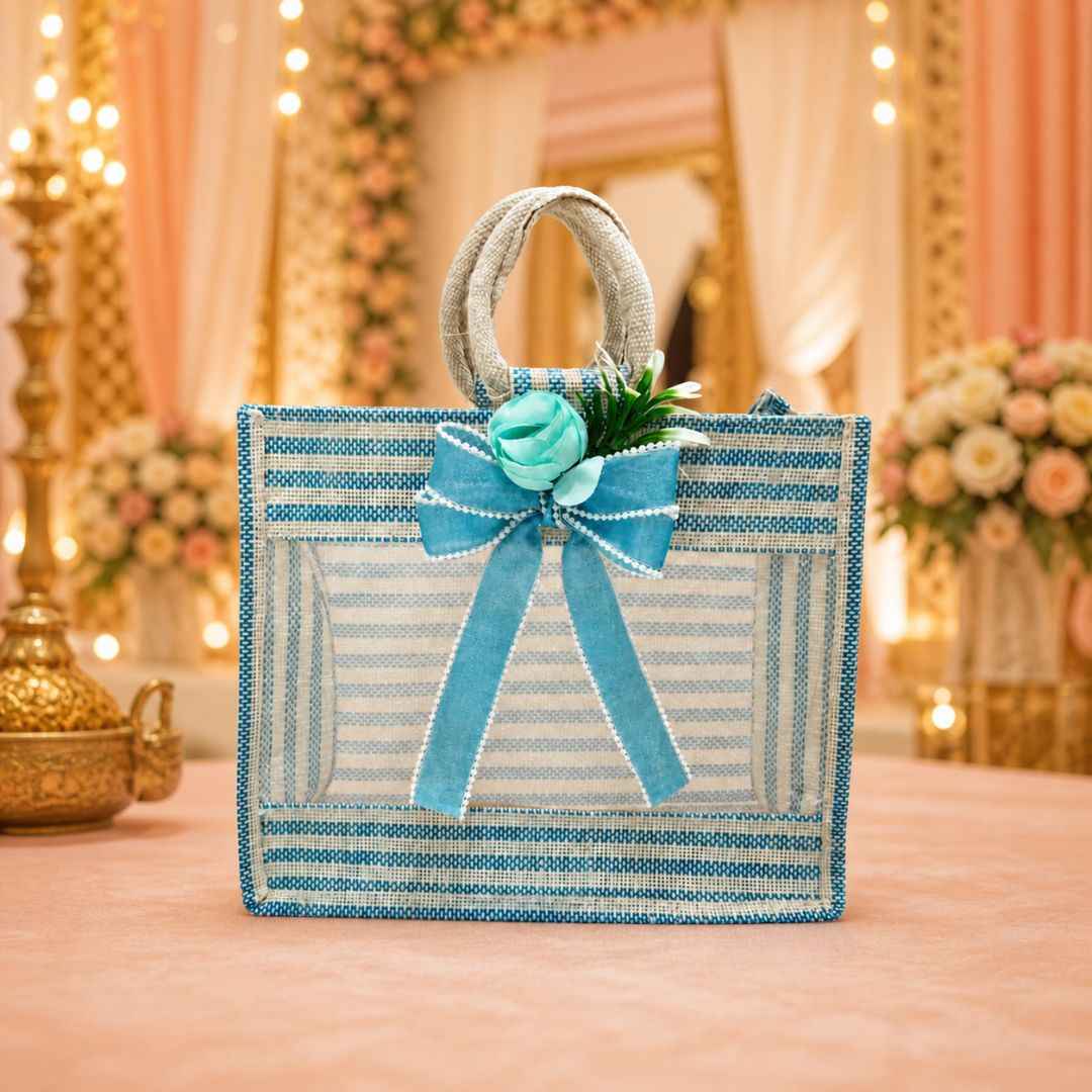(Set of 5)Premium Blue Striped Jute Gift Bag with Transparent Window & Floral Bow –  (12 x 14 Inches)