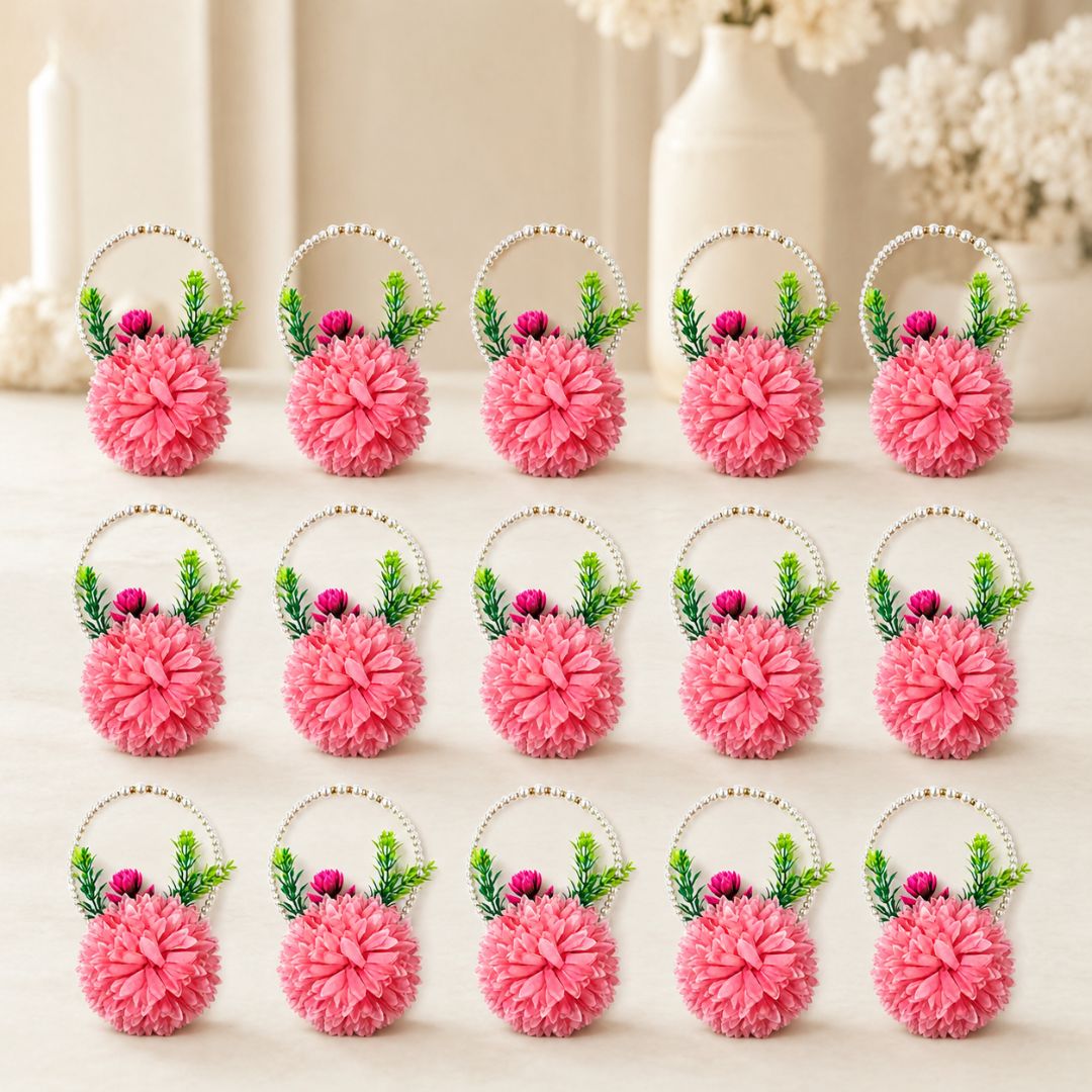 Set of 5 Coral Pink Pearl Loop Floral Decorative Accessories for Hamper & Trousseau Packing