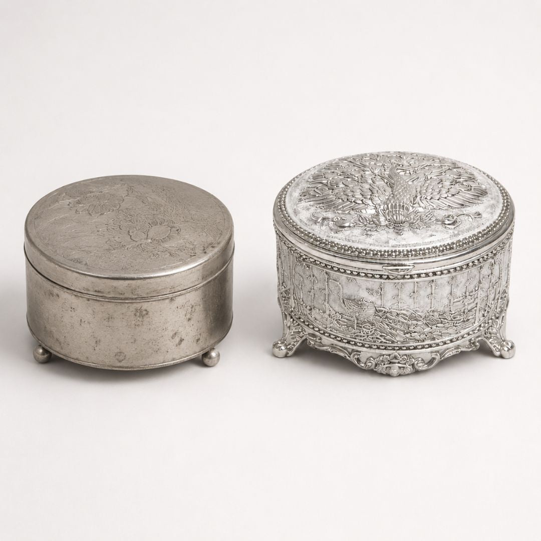 Adscraft Royal Peacock German Silver Jewelry & Dry Fruit Box with Velvet Lining (3 Inch)