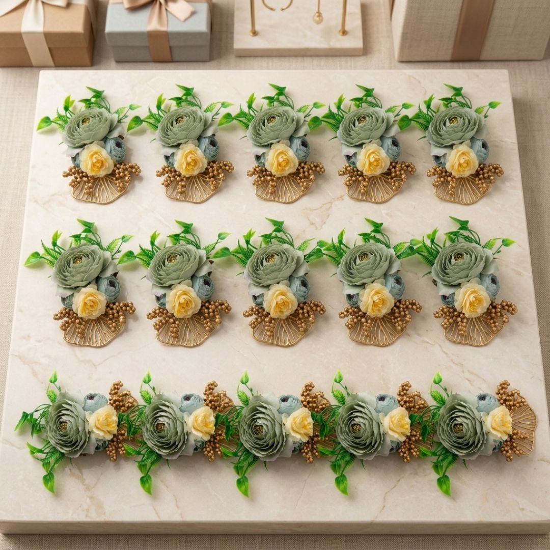 Set of 5 Sage Green & Gold Floral Decorative Accessories for Hamper & Trousseau Packing