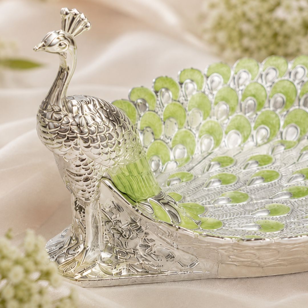 Peacock-Shaped German Silver Dry Fruit Tray – Green Enamel Finish (8 Inch) - Adscraft.in