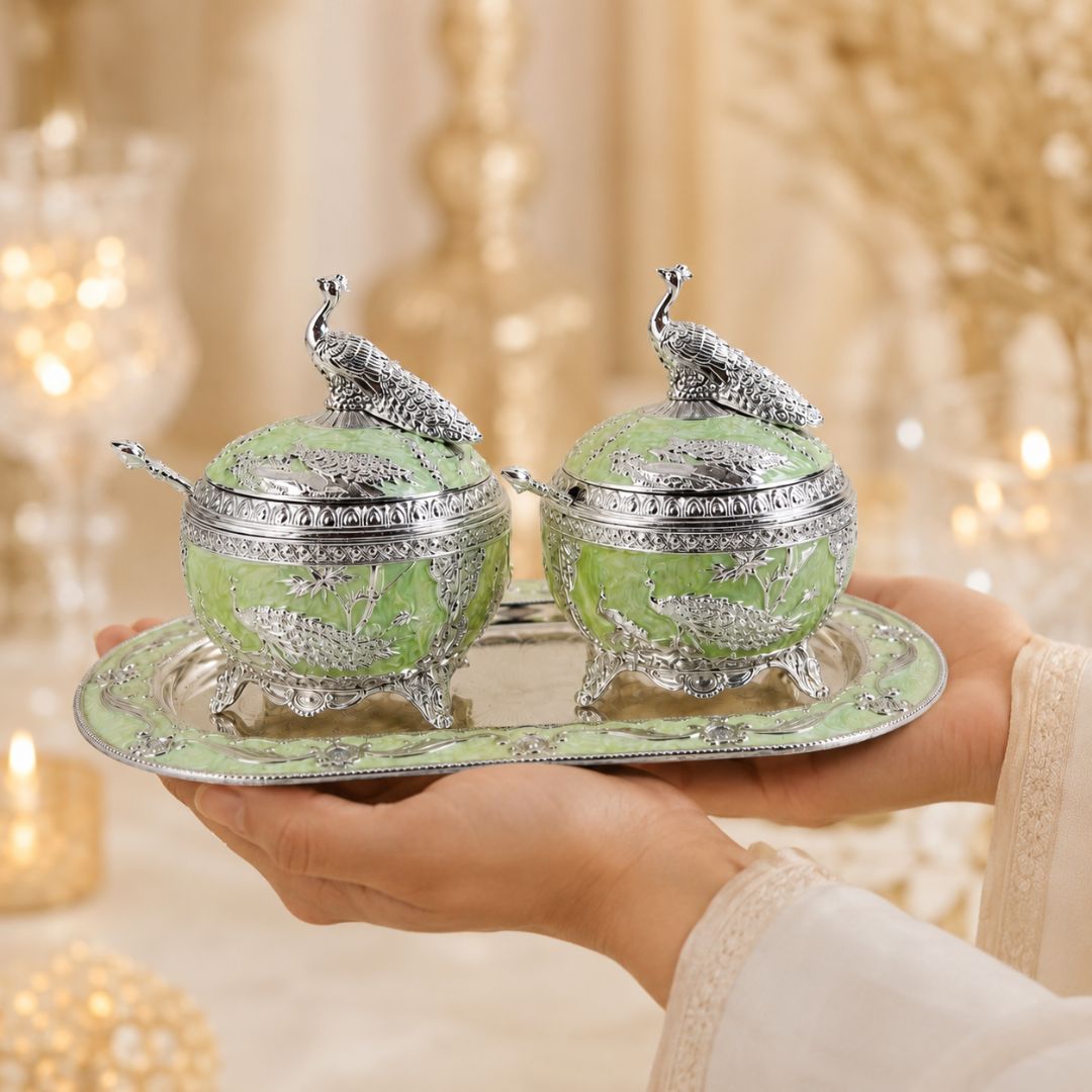 German Silver Green Peacock Serving Set with Spoons